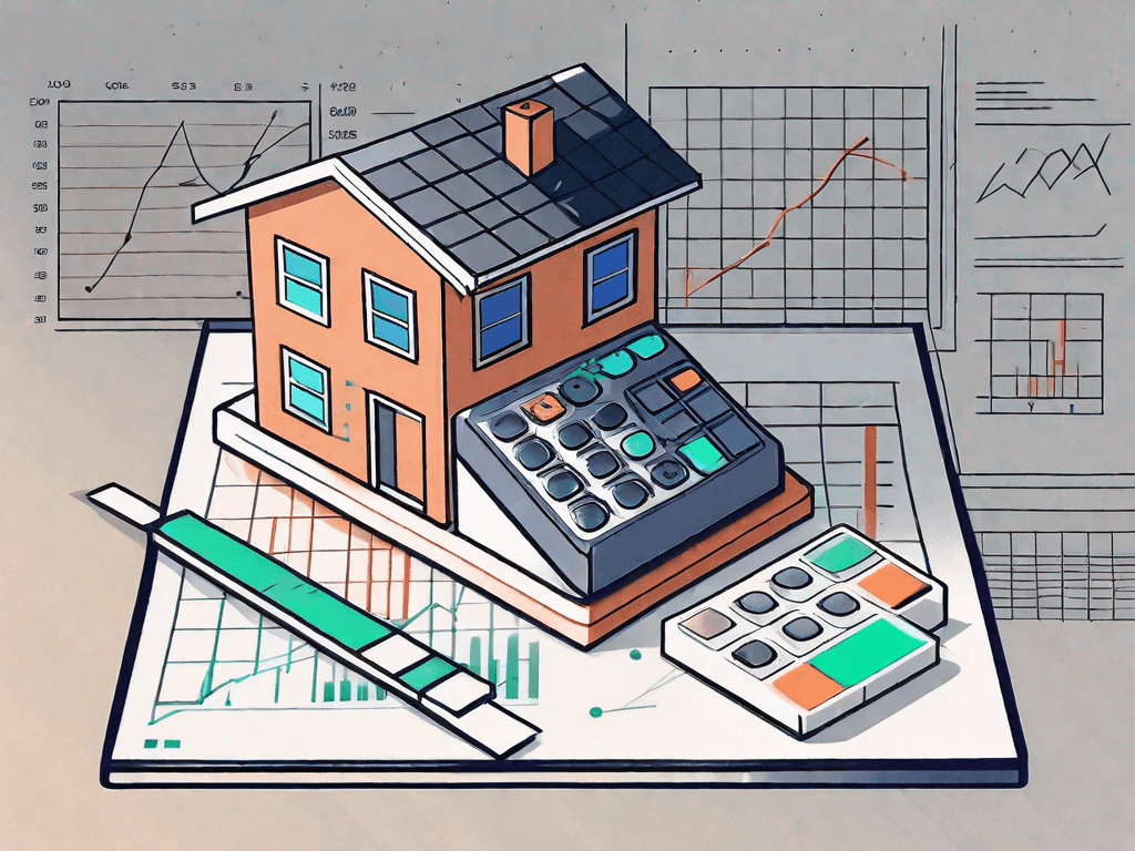 A digital calculator surrounded by a house with a freshly painted roof and some data charts